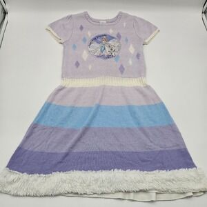 Disney Frozen Girls Sweater Dress XL Purple Striped Knit Elsa Patch Faux Fur Hem